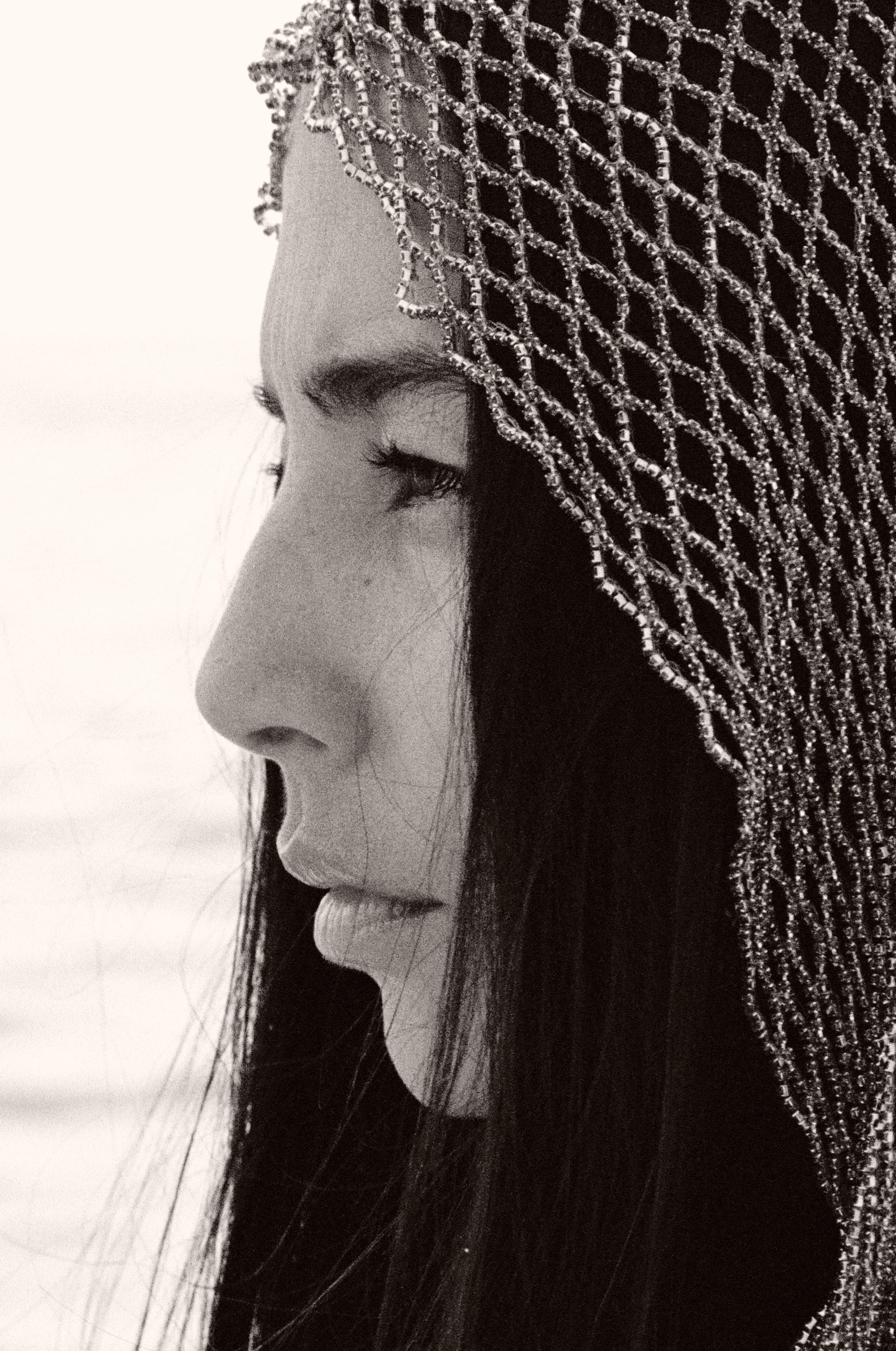 Profile portrait with crystal mesh headpiece