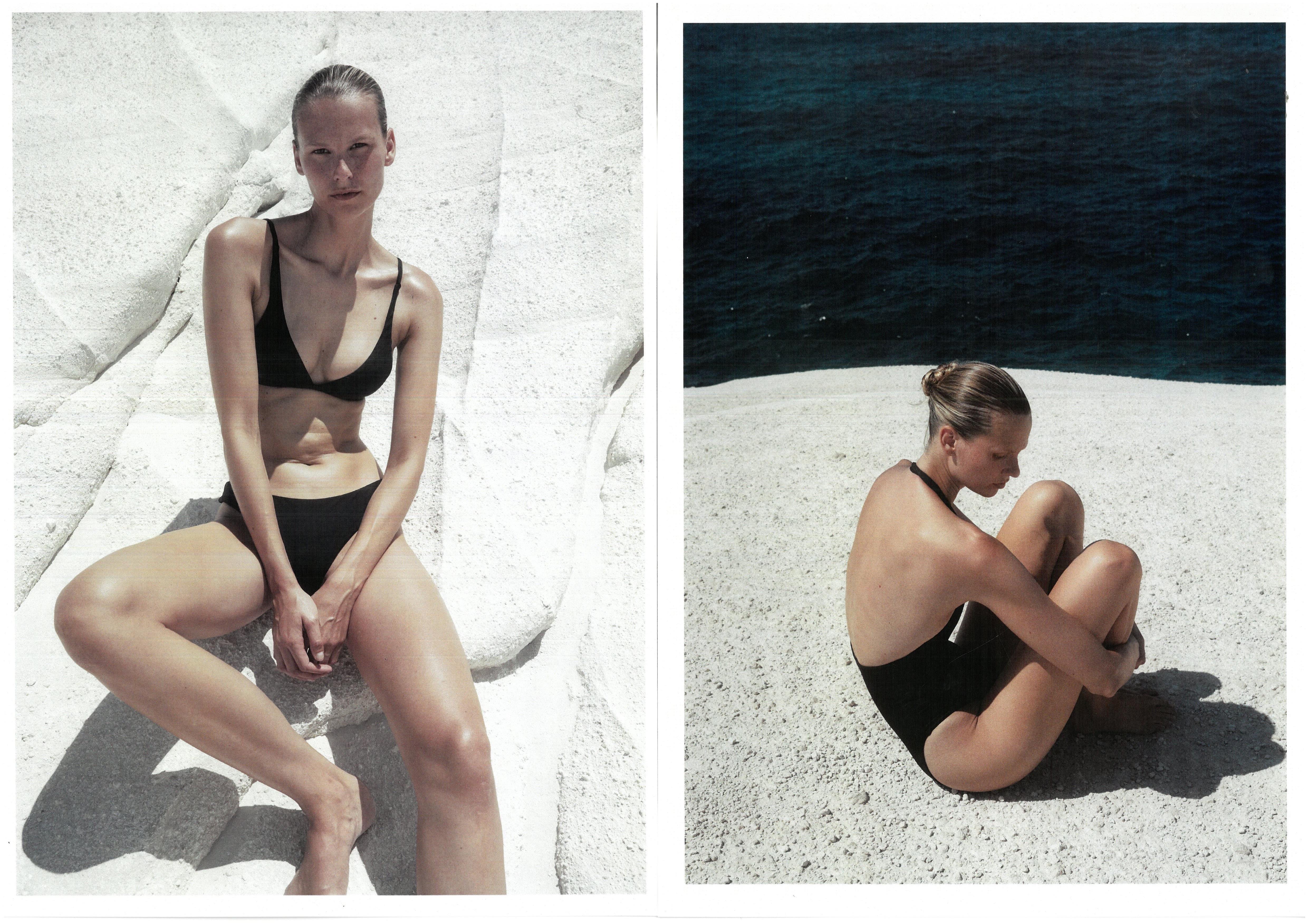 Diptych model in black bikini on white rocks by ocean