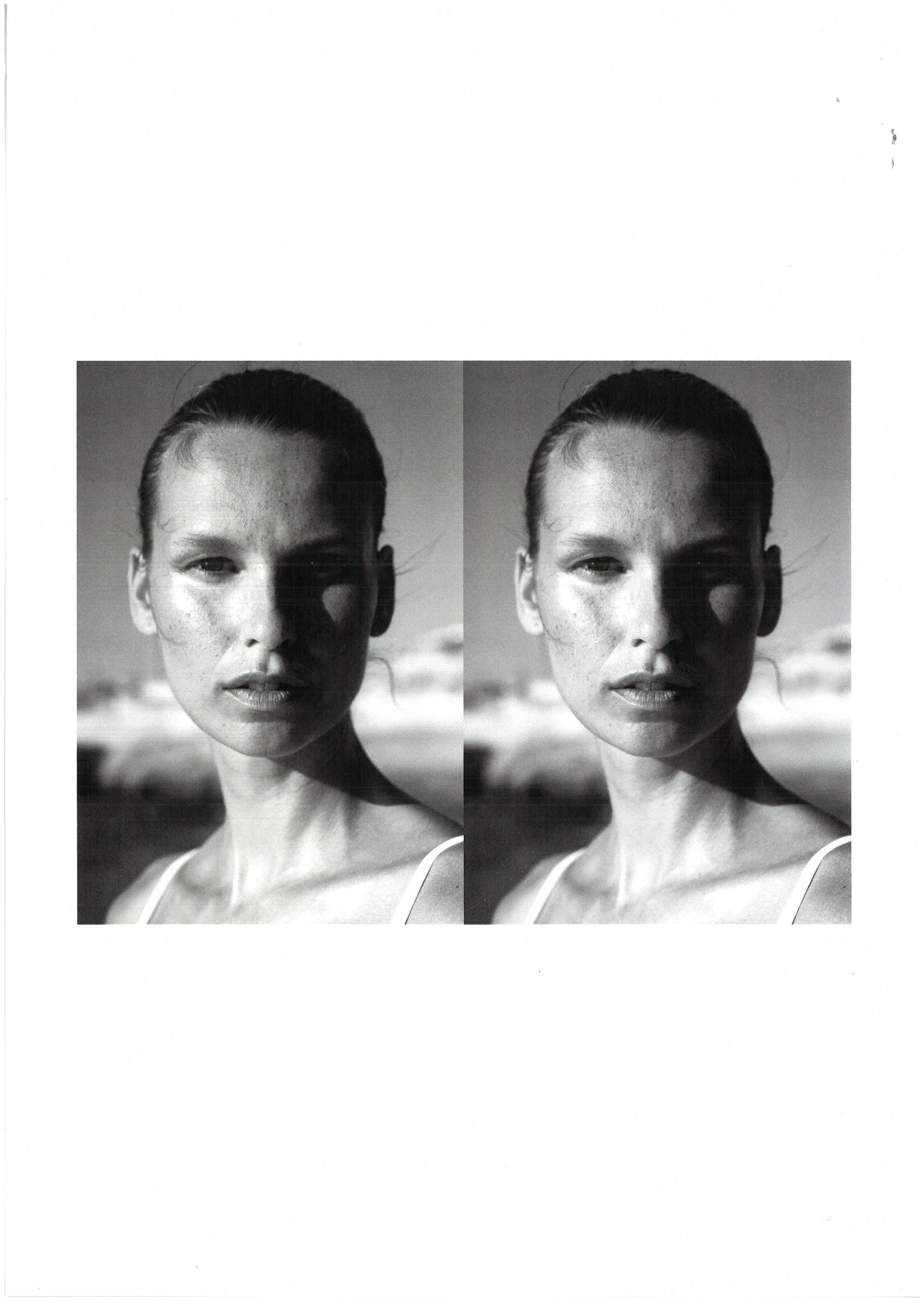 Black and white diptych close-up portrait with freckles