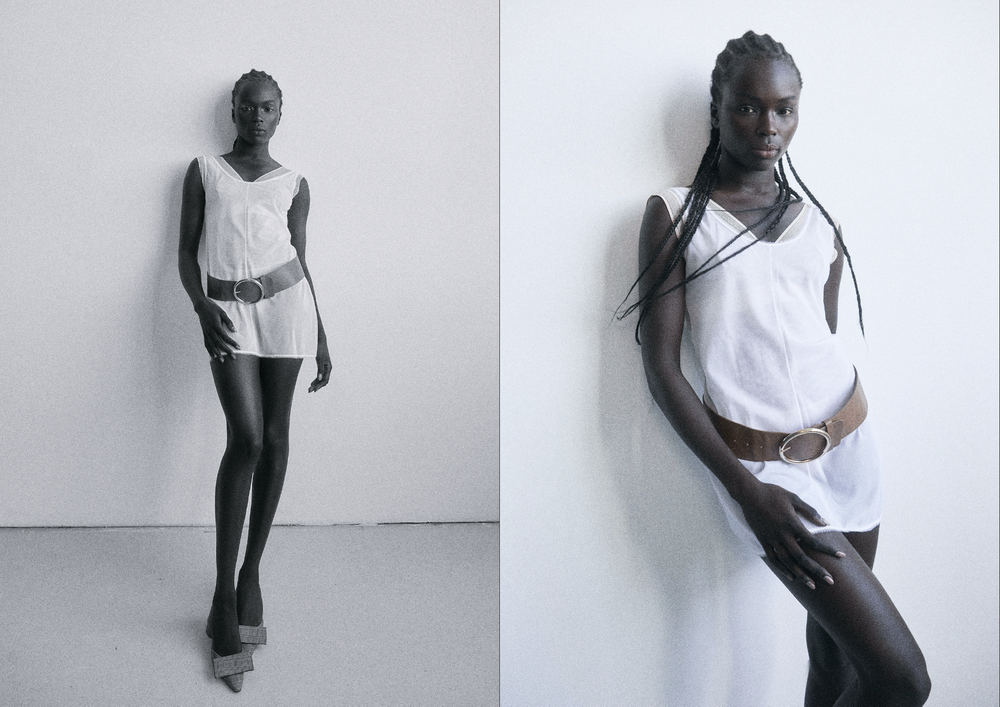 Diptych of full-body black and white minimalist portraits